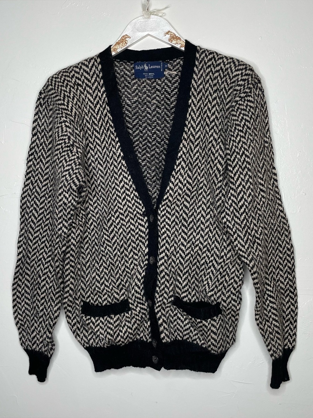 VINTAGE 1990 RALPH LAUREN 100% WOOL CHEVRON STRIPES BUTTON DOWN CARDIGAN SZ M